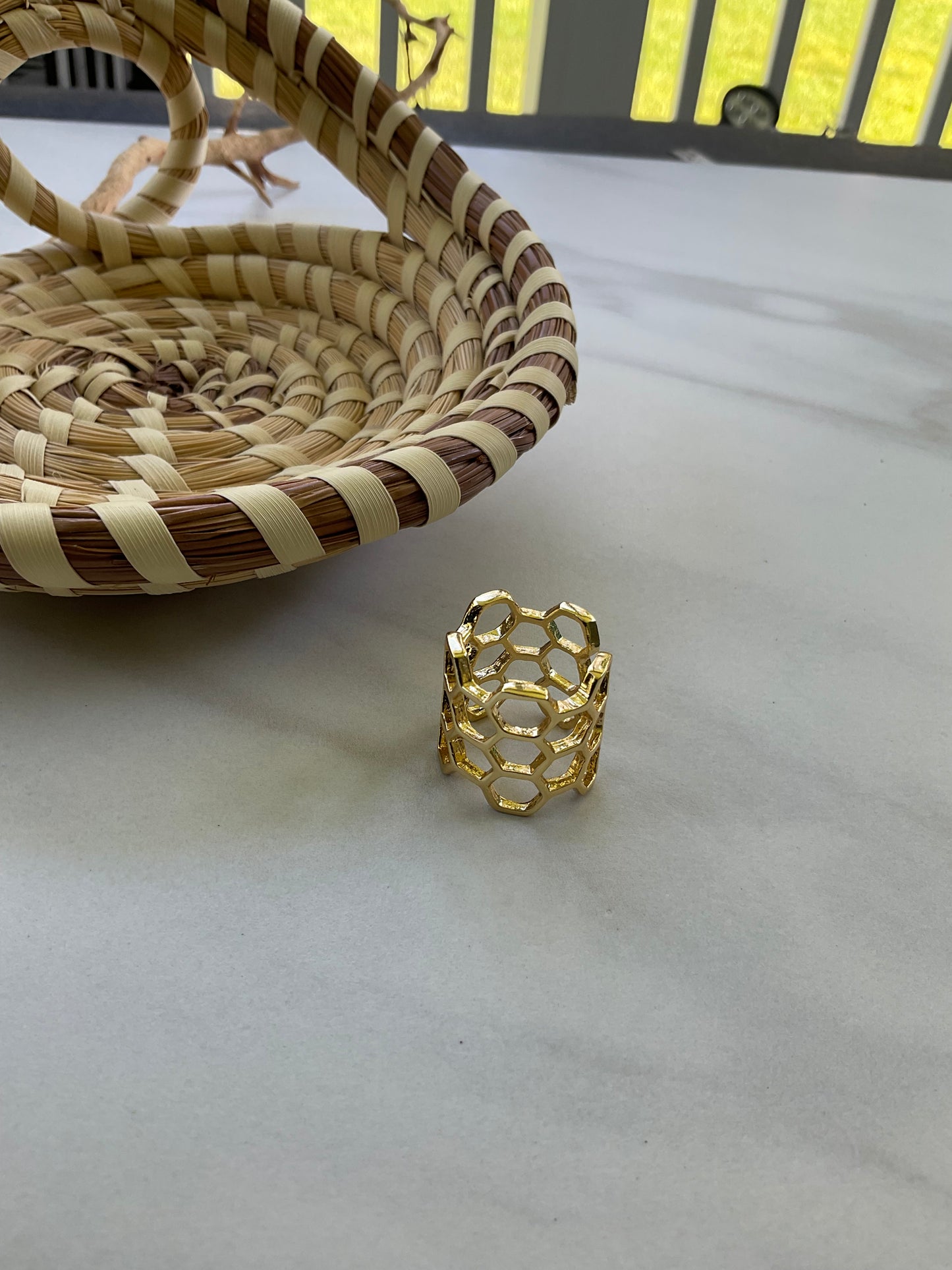 Honeycomb + Bee Brass Ring Adjustable