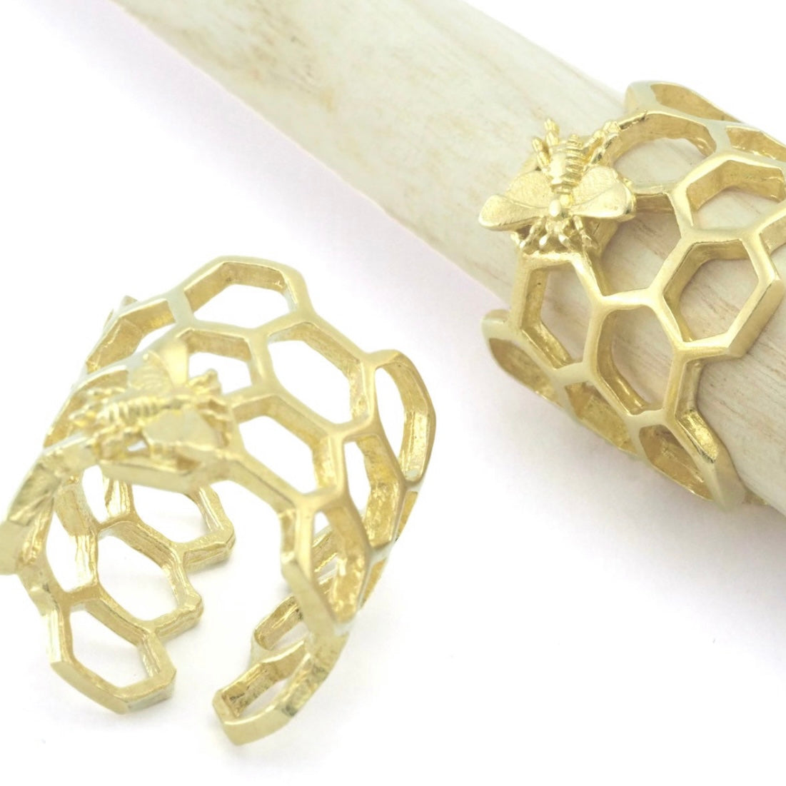 Honeycomb + Bee Brass Ring Adjustable