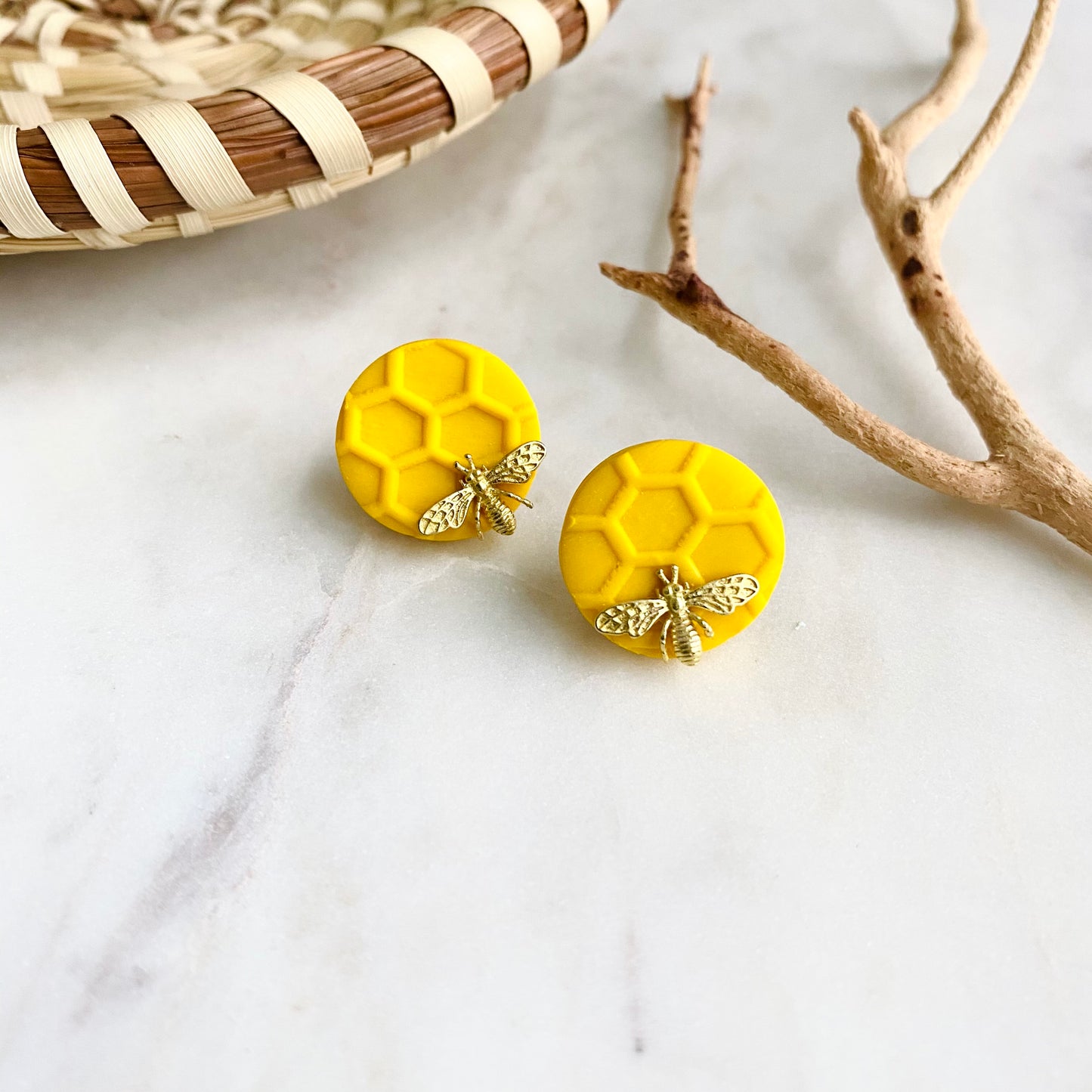 Yellow Honeycomb + Brass Bee Studs