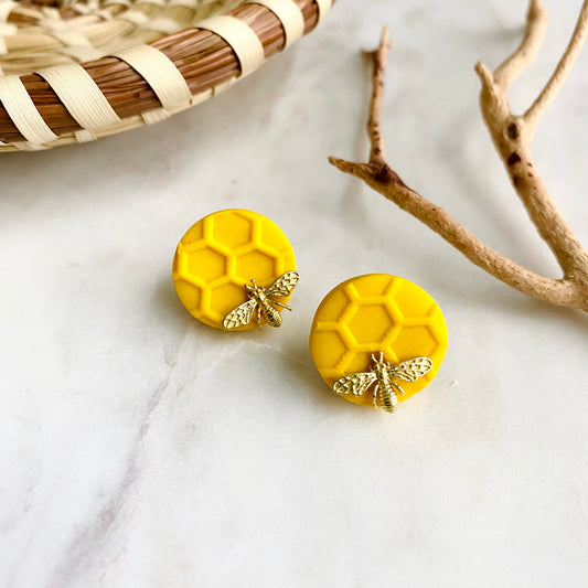 Yellow Honeycomb + Brass Bee Studs