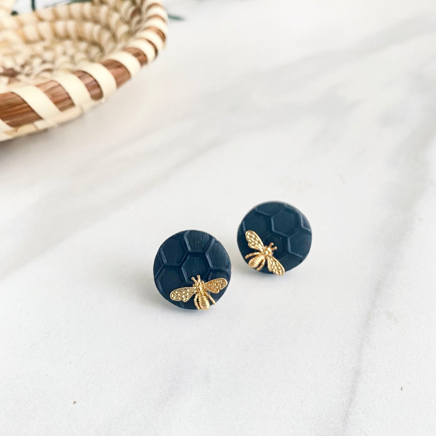 Black Honeycomb + Brass Bee Studs