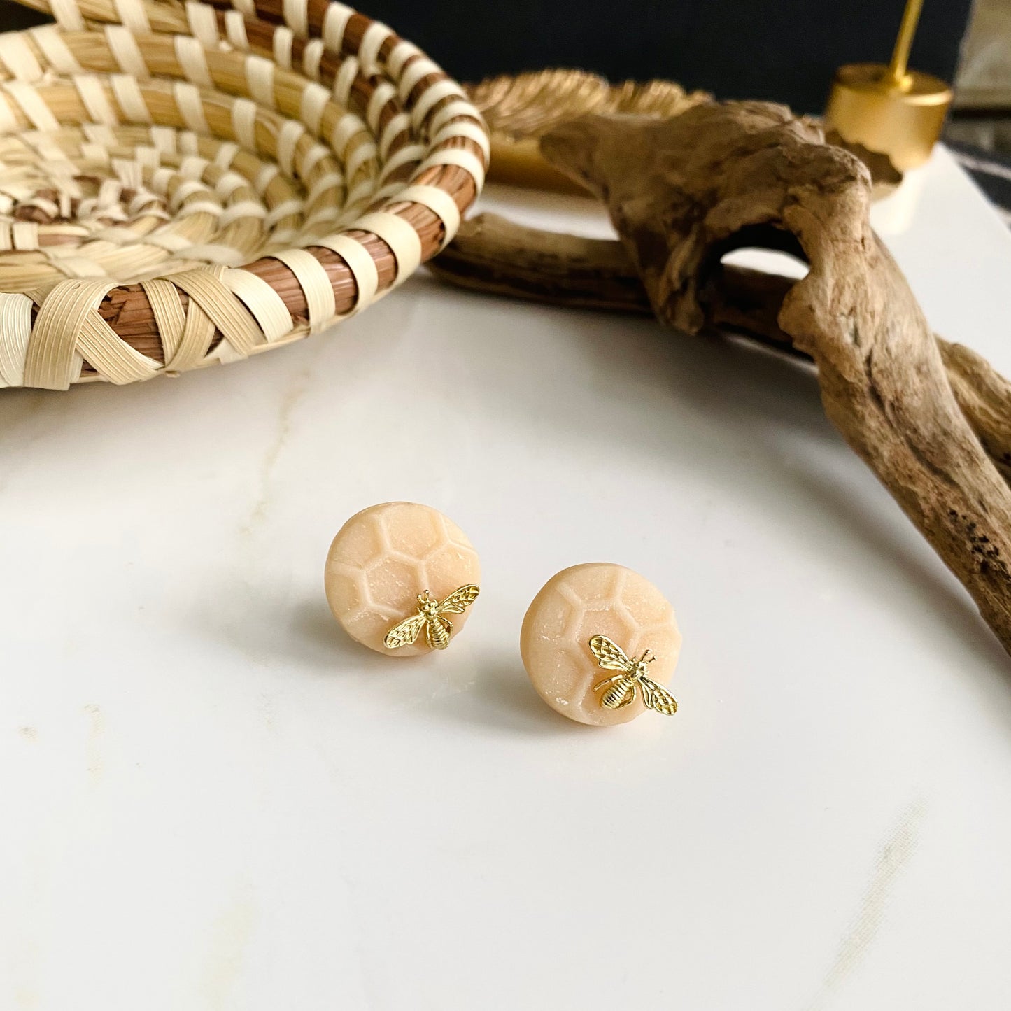 Honeycomb + Brass Bee Studs
