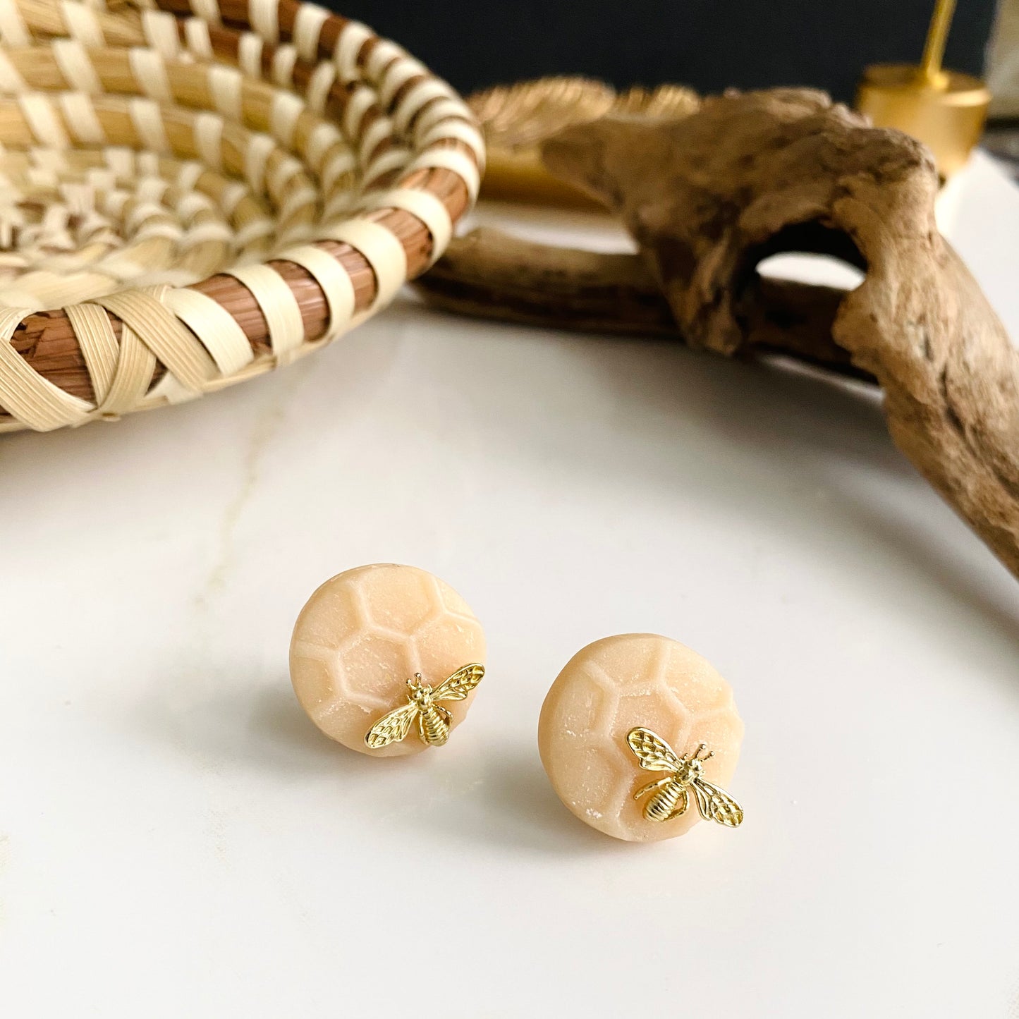 Honeycomb + Brass Bee Studs