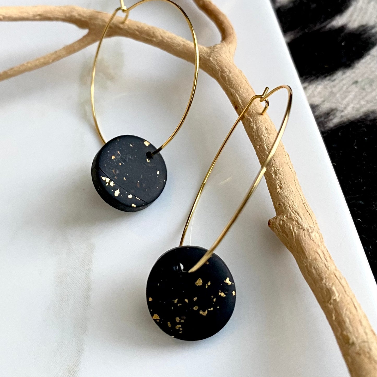 Black Sparkle Clay + 18k Gold Filled Hoops
