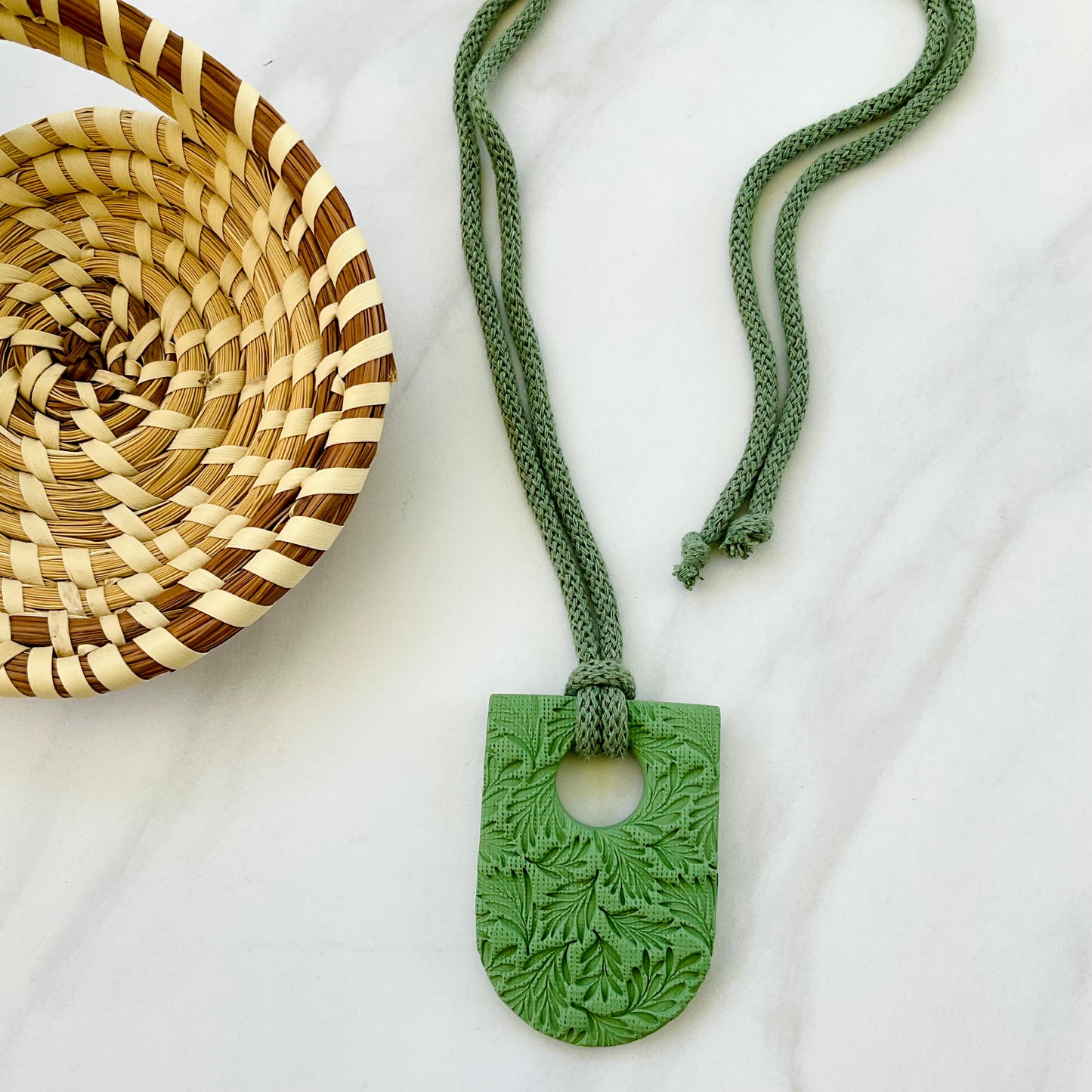 Clay Pendant Necklace // Olive Green Textured