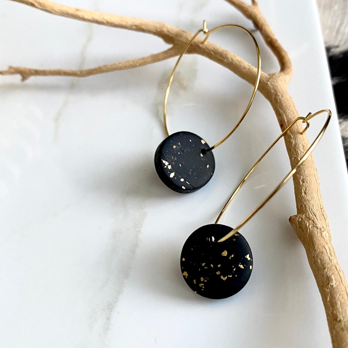 Black Sparkle Clay + 18k Gold Filled Hoops